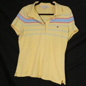 TOMMY HILFIGER Women's Yellow Rainbow Striped Polo Shirt - Size Large